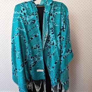 🩵 Pashmina Scarf large wrap turquoise and black design, 70% Pashmina 30% Silk